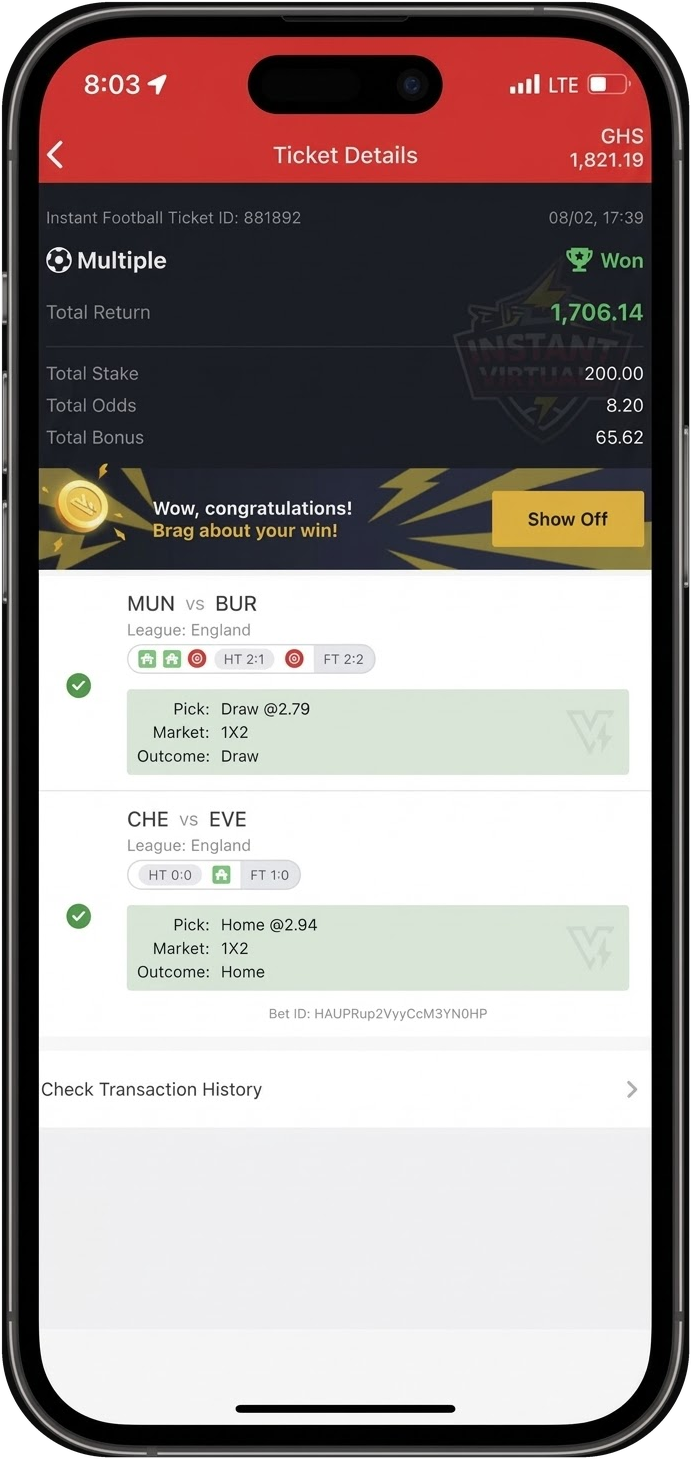 Winning Instant Football ticket showing GHS 1,706.14 total return